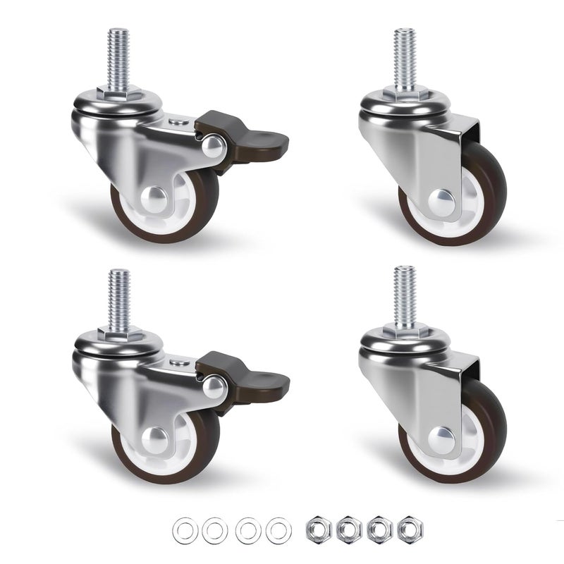 ZUOFANG 1 Inch Stem Casters Set of 4, Small Swivel Caster Wheels with Brake, Mini Low Profile Threaded Caster Wheels for Lightweight Furniture, Total Load Capacity: 97Lbs,M6x15mm - Image 1